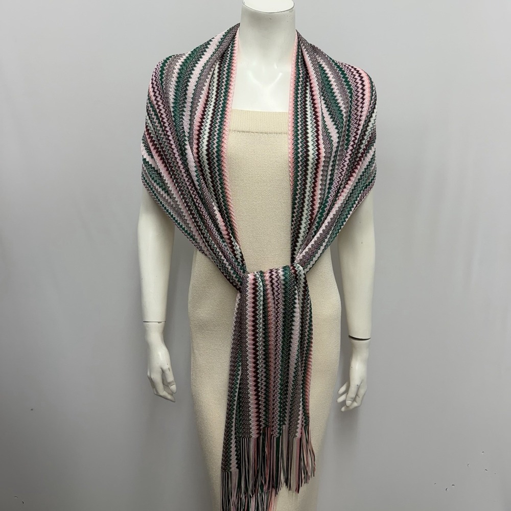 Missoni Zig Zag Pink & Green Long Scarf With Fringes NWT $230.00 87" by 14"